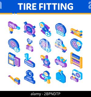 Tire Fitting Service Isometric Icons Set Vector Stock Vector