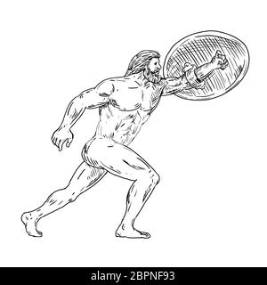 Drawing sketch style illustration of Heracles, a Greek divine hero equivalent to Roman hero and god, Hercules with shield and urginf forward done in b Stock Photo