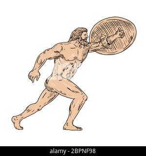 Drawing sketch style illustration of Hercules, a Roman hero and god equivalent to Greek divine hero Heracles, with shield and urginf forward on isolat Stock Photo