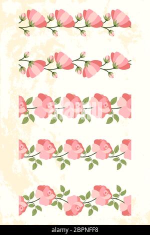 Set of pink rose seamless border on light yellow textured background. Elegant green floral pattern. Wedding flowerl decoration. Vector template. Stock Vector