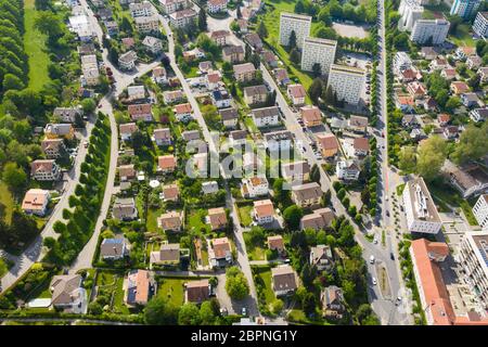 Aerial view of a residential district mixing single family homes and apartment buildings in Fribourg in Switzerland Stock Photo