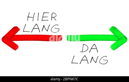 This Way or Thaty Way in german language - Handwritten text with red arrow on white background Stock Photo