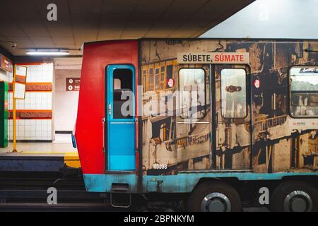 SANTIAGO, CHILE - MARCH 2020: A Santiago Metro train at Line 5 Stock Photo