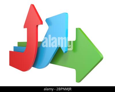 Three arrows showing three different directions 3D rendering illustration isolated on white background Stock Photo