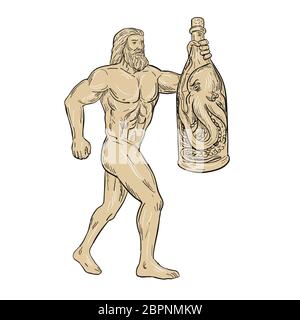 Drawing sketch style illustration of Hercules, a Roman hero and god holding a bottled up angry octopus on isolated white background. Stock Photo