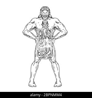 Drawing sketch style illustration of Hercules, a Roman hero and god equivalent to Greek divine hero Heracles, holding a bottle with an octopus inside Stock Photo