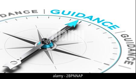 3D illustration of a conceptual compass with needle pointing the word guidance Stock Photo