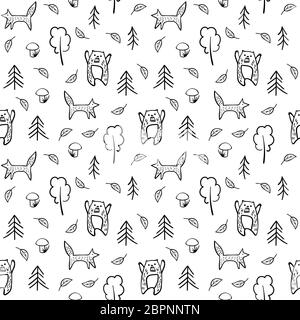 Cute doolde animals in simple scandinavian style. Woodland seamless pattern. Vector illustration. Stock Vector