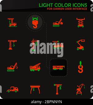 Crane and lifing easy color vector icons on darken background for user interface design Stock Photo