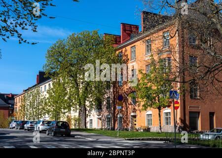 Row of beautiful old residential buildings in Torkkelinmäki, Kallio, Helsinki, Finland Stock Photo