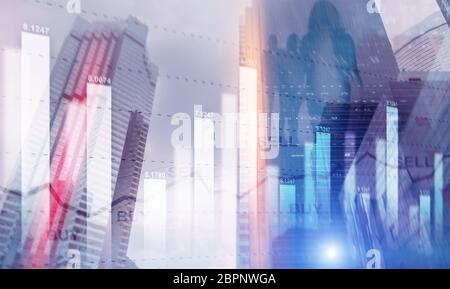 Sell and By Concept on futuristic city background. Tradibg Finance Background. Stock Photo