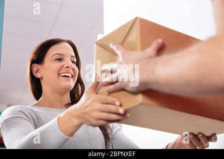 Happy Young Woman Accepting Cardboard Box From Delivery Man Stock Photo