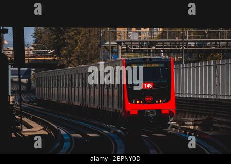 SANTIAGO, CHILE - MARCH 2020: A Santiago Metro train at the Los Héroes station of Line 2 Stock Photo