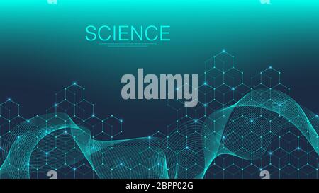 Scientific molecule background for medicine, science, technology, chemistry. Science template wallpaper or banner with a DNA molecules. Dynamic wave Stock Vector