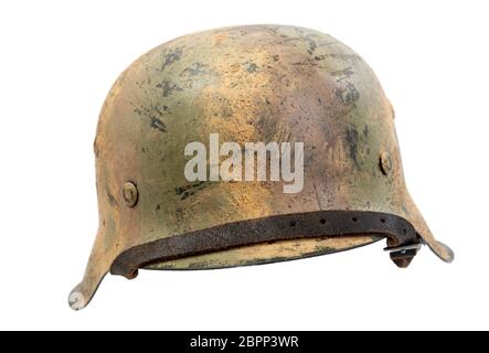 A German World War Two (Stahlhelm M1942) military helmet. Stock Photo