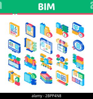 Bim Building Information Modeling Isometric Icons Set Vector Stock Vector
