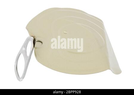 tin can lid with pull tab ring isolated on white background Stock Photo