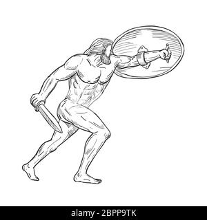 Drawing sketch style illustration of Hercules, a Roman hero and god equivalent to Greek divine hero Heracles, shielding with shield and carrying a swo Stock Photo