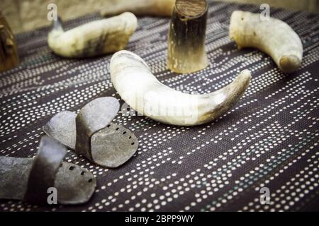 Medieval horns prepared and decorated, ancient viking tradition Stock Photo