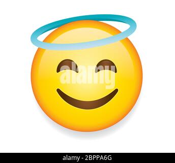 High quality emoticon on white background vector.Emoji Smiling Face With Halo. A yellow face smiling, closed eyes, and blue halo.Popular chat elements. Stock Vector