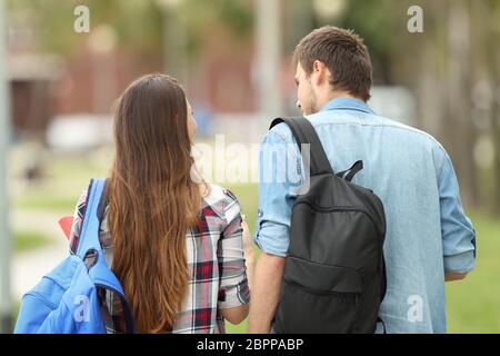 Rear view portrait of two students carrying bags walking and talking in a park Stock Photo