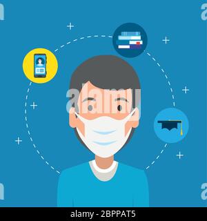 man using face mask with education icons Stock Vector