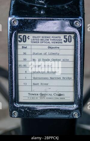 List of scenic points and attractions on coin-operated tower optical viewer at the observation deck of Empire State Building in New York City, USA Stock Photo