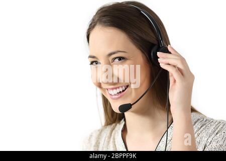Portrait of a telemarketing operator looking at you isolated on a white background Stock Photo