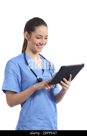 Happy nurse working online with a tablet isolated on white background Stock Photo