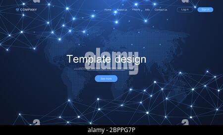 Website template design. Asbtract scientific background with World data connecting network and communications concept with map dots innovation pattern Stock Vector