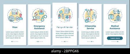 Embassy assistance onboarding mobile app page screen with concepts Stock Vector