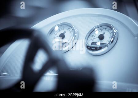 Close up shot of some gauges on a boat. Stock Photo
