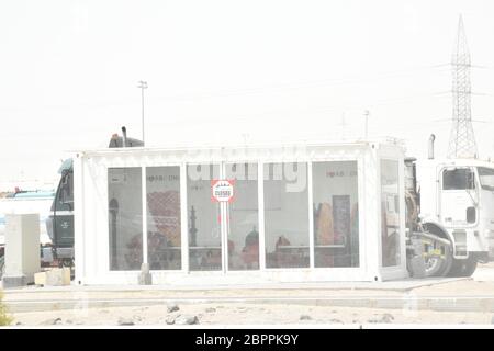 Closed because of disinfection cleaning.The Air Conditioned Bus Stop in Abu Dhabi, United Arab Emirates. Photo taken at 18th of May 2020. Stock Photo