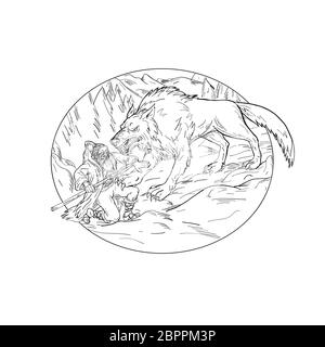 Drawing sketch style illustration of Norse god, Odin, god of wisdom and war, being attacked by Fenrir, a monstrous wolf in Norse mythology set inside Stock Photo