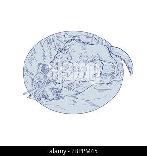 Drawing sketch style illustration of Norse god, Odin, god of wisdom and war, being attacked by Fenrir, a monstrous wolf in Norse mythology set inside Stock Photo