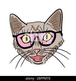 Meowing cat in pink sunglasses vector illustration. Hand-drawn cat portrait. Stock Vector