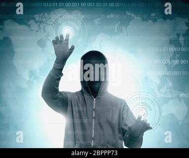 Hacker in black hoodie touching virtual screen with binary code and world map background Stock Photo