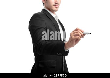 Young asian businessman using marker to write something isolated over white background Stock Photo
