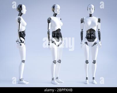 Female robot standing, a view of it from three different angles, 3D rendering. Stock Photo