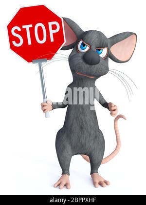 3D rendering of a cute cartoon mouse holding a red stop sign and looking angry. White background. Stock Photo