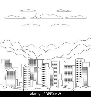 Thin line city landscape flat. Panorama design urban modern city with high skyscrapers, buildings, mountains, hills, trees, sky, clouds and sun. Line Stock Photo