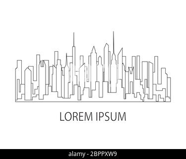 Thin line city landscape icon. Panorama design urban modern city with high skyscrapers, buildings, sky, clouds. Line art stile abstract backround, lin Stock Photo