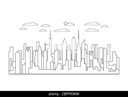 Thin line city landscape icon. Panorama design urban modern city with high skyscrapers, buildings, sky, clouds. Line art stile abstract backround, lin Stock Photo