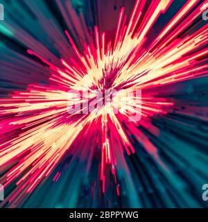Fiery explosion or blast concept with rectangular dark red rods on a bright flame colored green radiating background in square format. Light flow ener Stock Photo
