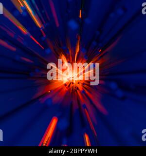 Fiery explosion or blast concept with rectangular dark blue rods on a bright flame colored orange radiating background in square format. Light flow en Stock Photo