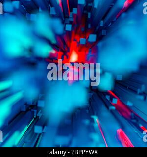 Fiery explosion or blast concept with rectangular dark blue rods on a bright flame colored orange radiating background in square format. Light flow en Stock Photo