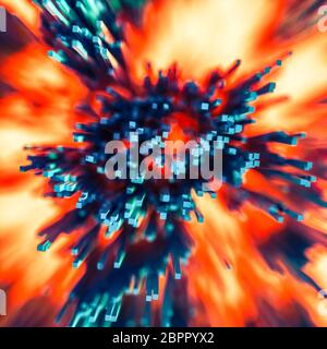 Fiery explosion or blast concept with rectangular dark blue rods on a bright flame colored orange radiating background in square format. Light flow en Stock Photo