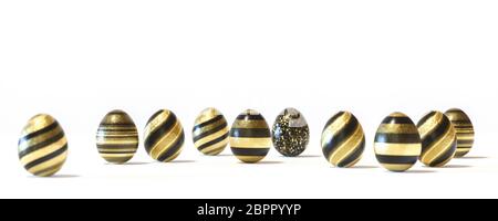 Raw of black and gold Easter eggs, balanced on its blunt end on grey background. Easter decoration seamless banner concept Stock Photo