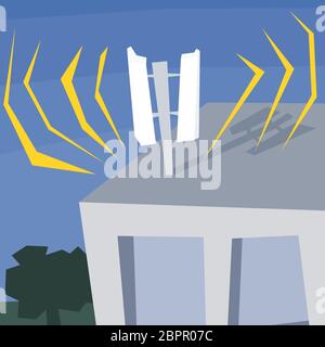 Building top telecommunications antenna. Mobile phone operator transmitter. Modern polygon style illustration. Stock Vector