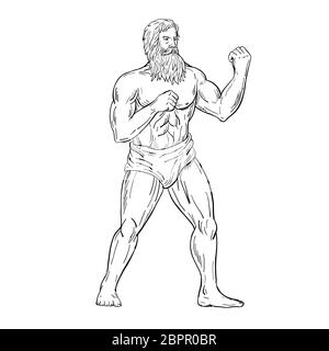 Drawing sketch style illustration of a bearded vintage boxer with full beard, with fists on chest ready to fight in boxing fighting stance on isolated Stock Photo